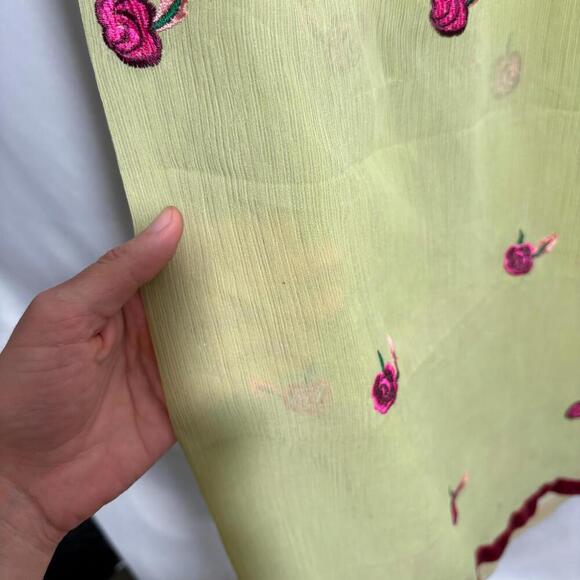 Green Chiffon Silk Scarf Wrap Pink Embroidered Flowers Red Velvet Trim * - Picture 6 of 10